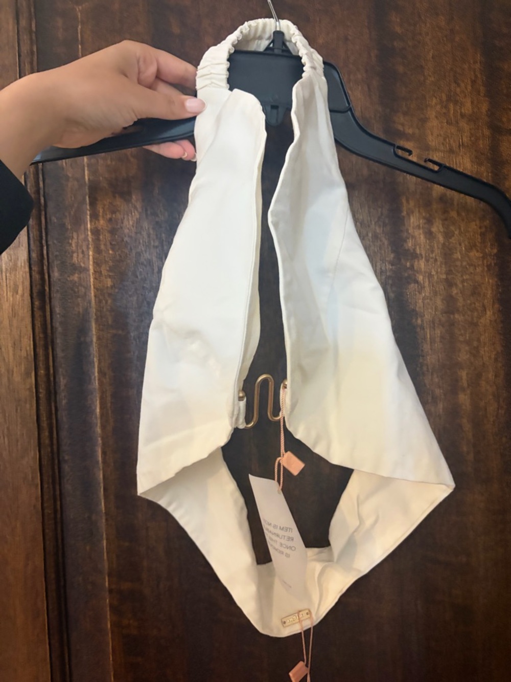 Off-White Halter Swim Top with Gold Hardware